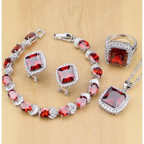 Silver 925 Jewelry Sets Red Zircon White CZ Jewelry Sets wedding decorations For Women Earrings/Pendant/Necklace/Rings/Bracelet
