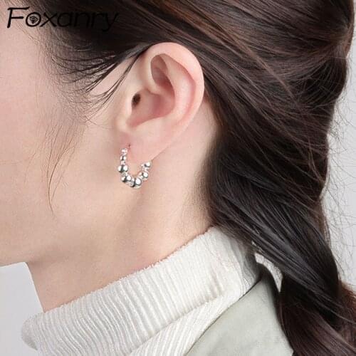 Foxanry 925 Sterling Silver Hoop Earrings New Trendy Minimalist Elegant Round Ball Handmade Jewelry Party Gifts Prevent Allergy
