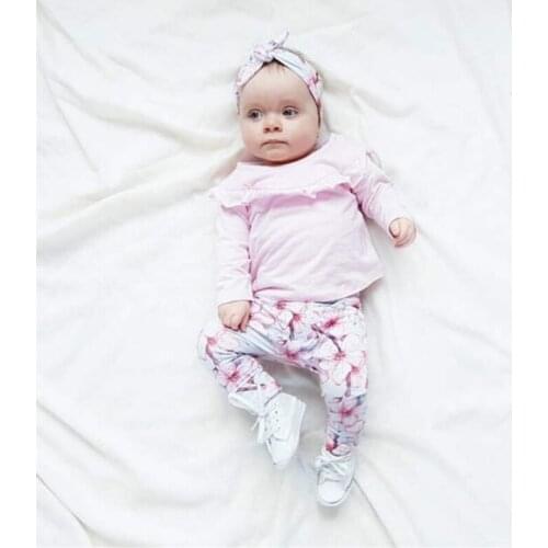 Newborn Girls Spring Autumn Casual Set Baby Flower Printing Long Sleeve Top Trousers Headband Three-piece Baby Pure Cotton Suit