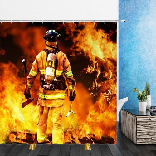 Fireman Shower Curtains Flame Fire Fighting Rescue Pattern Bathroom Decor Polyester Cloth Waterproof Fabric Curtain Set