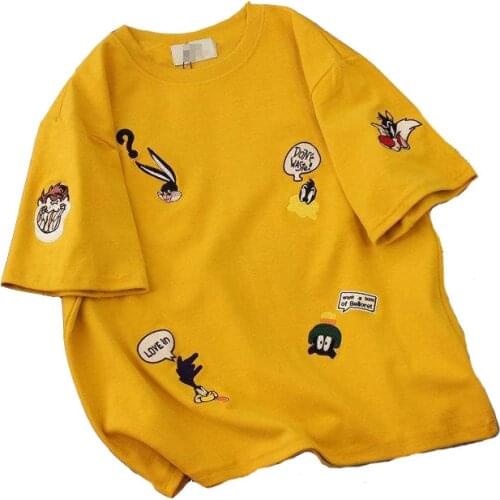 Zuolunouba Summer New hot Embroidered Printed Women Short-sleeved T-shirt Round Neck Cartoon Ladies Sweet Loose Bottoming Shirt