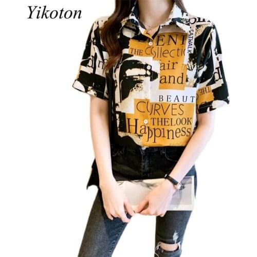 Woman Blouse Casual Chiffon Shirts Short Sleeve 2021 Summer New Loose Korean Fashion Printed Letter Shirts Womens Top Blusas
