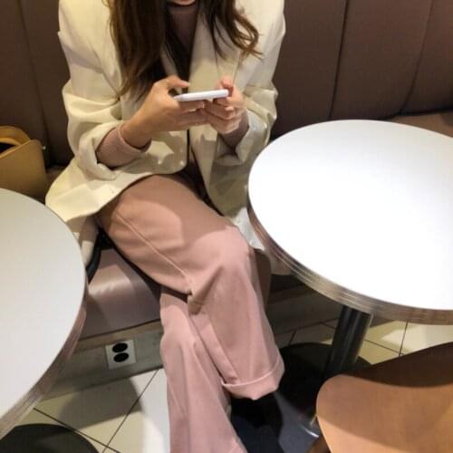 2021 Women Autumn Winter Vintage Dark Pink Long Wide Leg Pants High Waist Straight Trousers Button Fly
