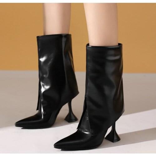 Ladies Front Split Knight Boots Autumn Winter Short Boots Slip On Loose Mid Calf Boots Female Special-Shaped Heel Womens Shoes