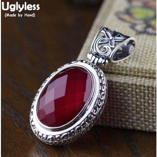Uglyless Vintage Thai Silver Flower Pendants for Women Faceted Corundum Oval Gemstones Necklaces NO Chains 925 Silver Jewel P843