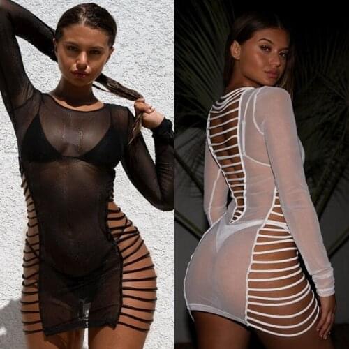 OMSJ Sexy Black White Summer Long Sleeve Mesh Hollow Out O-neck Bodycon tShirt Dress 2019 Women Party Club Female Party Vestidos