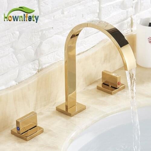 Golden Bathroom Basin Faucet Hot and Cold Water Faucet Three Holes Two Handle Mixers Tap Deck Mount Wash Tub FauctesBasin faucet