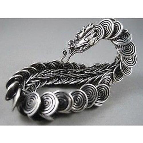 1 pcs Chinese Tibet silver carved dragon Head Men bracelet >Dongguan girl jewerly Store free shipping