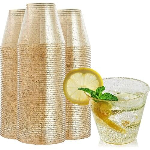 20pcs Disposable Water Cup Golden Powder Wine Cup Iced Cold Drink Coffee Tea Smoothies Soda Water Party Plastic Cup Tableware