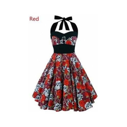 2019 Plus Size Women Floral Skull Print Off Shoulder Halter Dress Retro Vintage Hepburn Pin Up Rockabilly Vestido S/5XL K1068