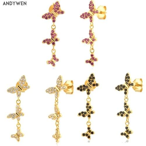 ANDYWEN 925 Sterling Silver Three Butterfly Rainbow Rose Red Stud Earring 2021 Crystal Zircon CZ Piercing Pendiente Luxury Party