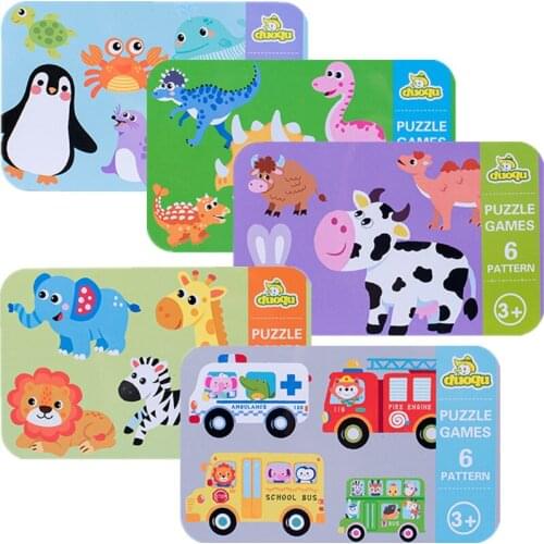 Wooden Puzzle Baby Kids Creative Cognitive Box Early Educational Cartoon Animal Dinosaur Card Puzzle Montessori Toys Matching