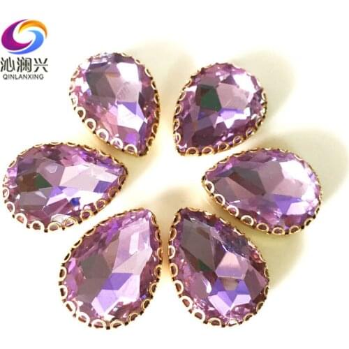 Crystal violet Drop shape top glass crystal lace claw rhinestones,golden base sew on stone for Diy/Clothing accessories HGS09