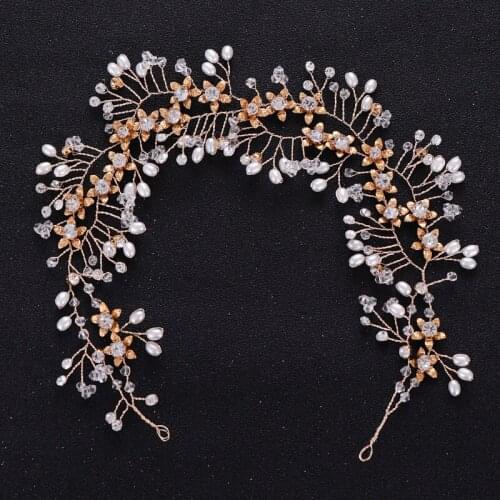 Trendy Gold Color Wedding Headband Tiara Hair Accessories Handmade Pearl Crystal Headband For Bridal Headpiece Hair Jewelry