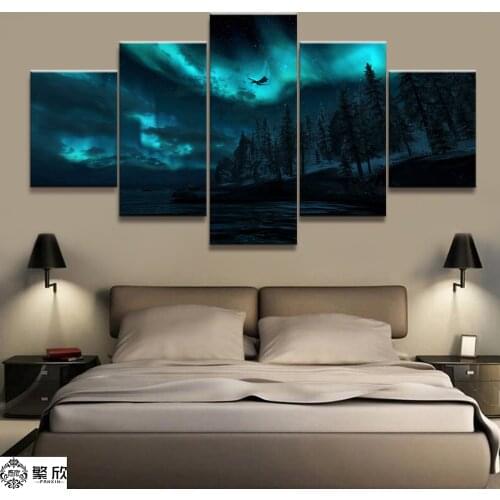 Home Decor Modular Canvas Picture 5 Piece Elder Scrolls V Skyrim Game Painting Poster Wall For Home Canvas Painting Wholesale