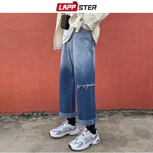 LAPPSTER Men Japanese Streetwear Baggy Denim Pants 2020 Mens Ripped Korean Fashions Gradient Wide Leg Jeans Male Ins Harem Pants