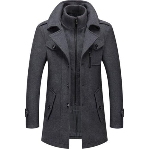 New Men Wool Blends Coats Autumn Winter Solid Color Cold Resistant Men Woolen Overcoat Double Collar Casual Trench Coat Male