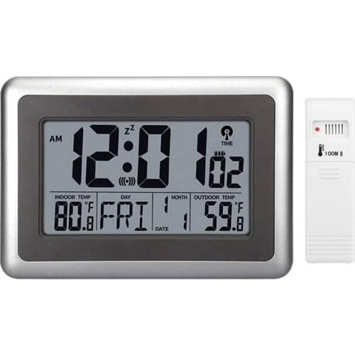 Atomic Wall Desk Clock Large Display with Indoor Outdoor Temperature Date Calendar Digital Alarm Clock for Kitchen