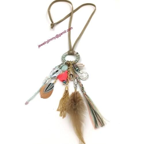 2015New personalized handmade jewelry supplier unique boho feather pendant long Necklaces for women