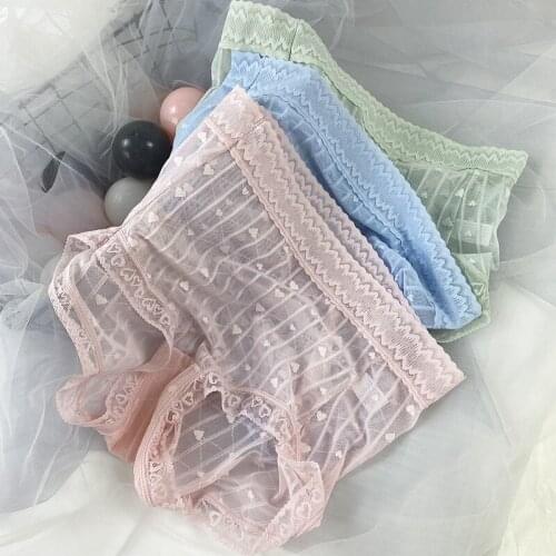 New Style Comfortable Mesh Peach Heart Lace Mid-waist Lace Comfortable Womens Panties Plus Fat and Enlarged Briefs