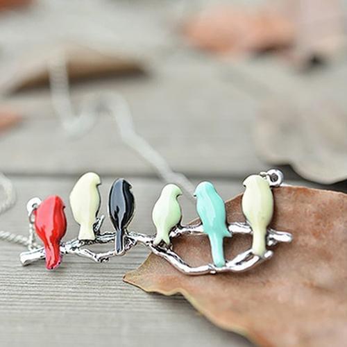 Charming Animal Lovely Pendant Six Birds On Branch Women Long Jewelry Chain Necklace
