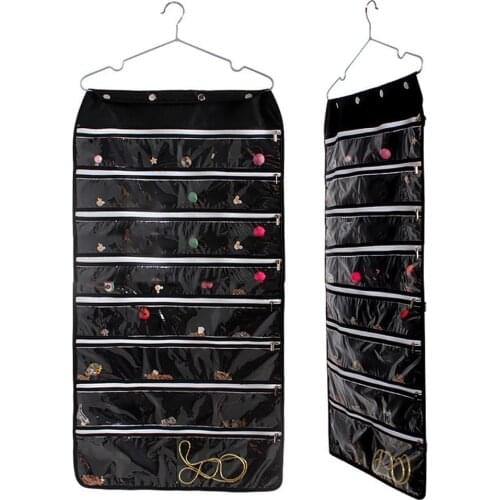 Jewelry Organizer Double Sided 56-Pocket Zipper Hanging Necklace Earring Holder 28 Pockets Per Side Transparent Jewelry Storage
