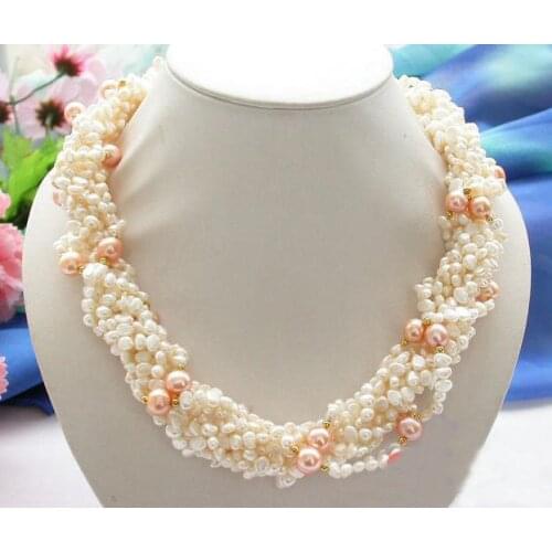 Terisa PearlJewelry 100% Real Pearl Necklace 20inches 8 Rows White Baroque Pink Round Freshwater Pearl Necklace