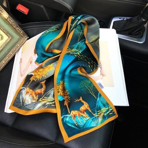 Women 100% Silk Headband Hairband Deer Print 100% Silk Scarf Necktie Neckerchief 150*15cm