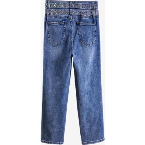 Double deading belt womens Worn out hole Cool Jeans female washed vintage high waist loose denim straight pants trousers wq1882