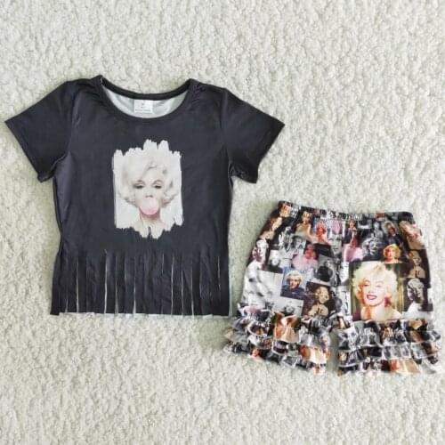 RTS Wholesale children outfits tassel fashion character short sleeve tee shirt top ruffle shorts no moq baby girls clothing