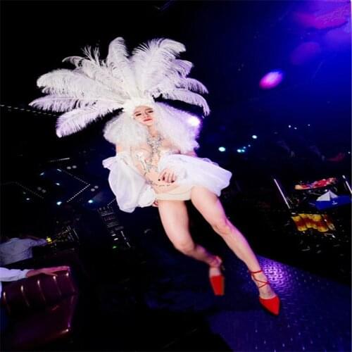 DC48 Ballroom dance white color women skirt sexy stage show dresses party club bar catwalk models performance cloth dj headwears