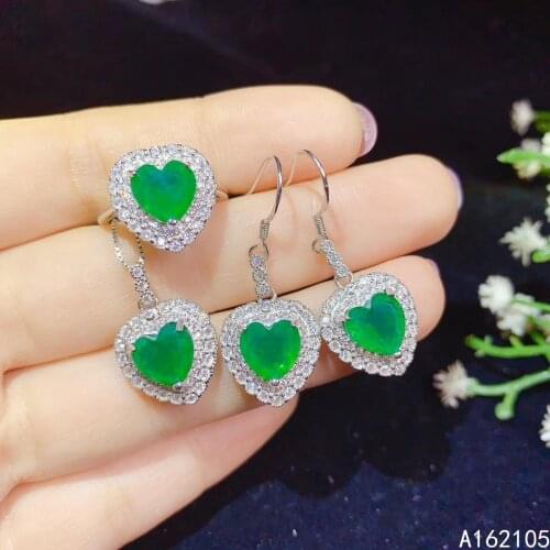 Fine Jewelry 925 Pure Silver Chinese Style Natural Emerald Womens Popular Lovely Heart Gem Pendant Ring Earring Suit Support De