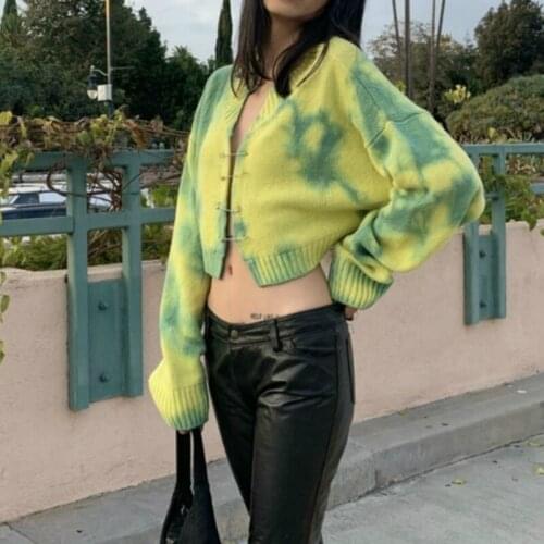 Fashion Sweatshirt Brooch Casual Cardigan Sweater 2021 Autumn New Women Tie Dye Sweaters Vintage Yellow Green Pullovers Jumper