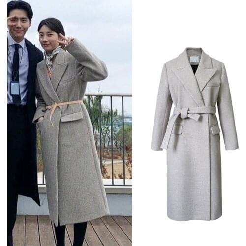 Women Elegant Long Wool Coat With Belt Korean Drama Start Up Suzy / 수지 Long Sleeve Woolen Coats Autumn Winter Ladies Overcoat