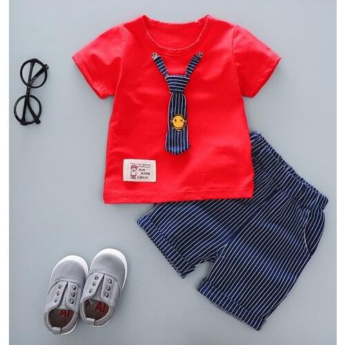 2019 summer toddler boy clothes new boys casual clothing sets tie short sleeve t shirt +striped shorts 2 pcs suit clothes