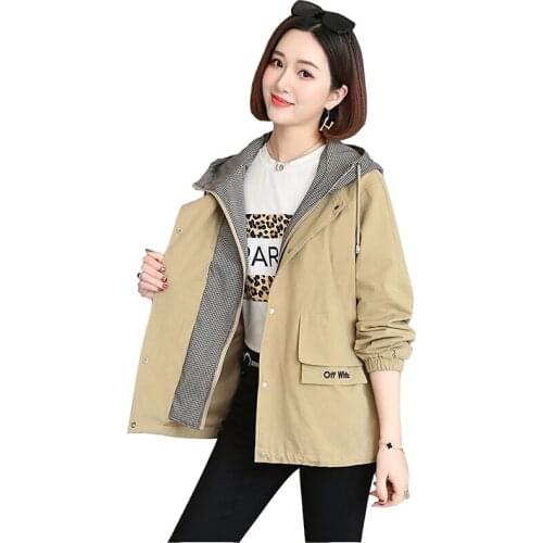 2021 Fashion Women Spring Autumn Short Coat Hooded Trench Coat Plus Size Loose Tooling Tops Letter Embroidery Windbreaker KW482