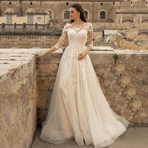 2021 Organza A-line Beach Wedding Gowns O-neck Three Quarter Aplique Custom Made Plus Size Bridal Dresses