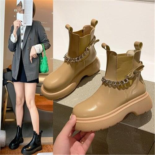 Chelsea Boots Womens Autumn Newest Chain Decorative Thick Soled Middle Heels Street Dance Shoes Female Short Tube Booties Black