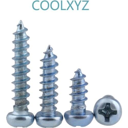 CoolXYZ Cross Pan Head Self Tapping Long Screws PA Blue zinc Hardened Philips Round Head Tapping Wood Screw GB845 M4M5M6 25Pcs