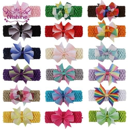 Nishine Gradient Grosgrain Ribbon Bows Newborn Headband Fashion Handmade Knitted Elastic Hairband Children Bowknot Headwear