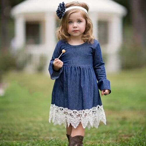 Denim Lace Girl Dress Princess Dress 1-6 Years Pink Children Dresses Blue Toddler Girls Denim Dress Lace Kids Girls Clothes