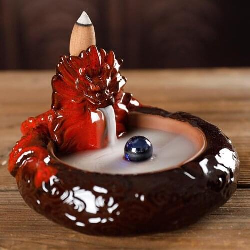 Ceramic Dragon Backflow Incense Burner Smoke Waterfall Incense Holder + 10pcs Cones Incense Home Buddhist Temple Buddha Decor