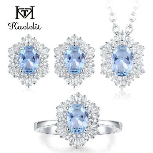 Kuololit Aquamarine London blue topaz Gemstone Jewelry Set for Women Solid 925 Sterling Silver Ring Earrings Necklace Morganite