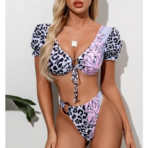 Misswim High waist swimsuit women Patchwork print swimwear Knot bikini 2020 Ring bathing suit Short sleeves biquini swim suit