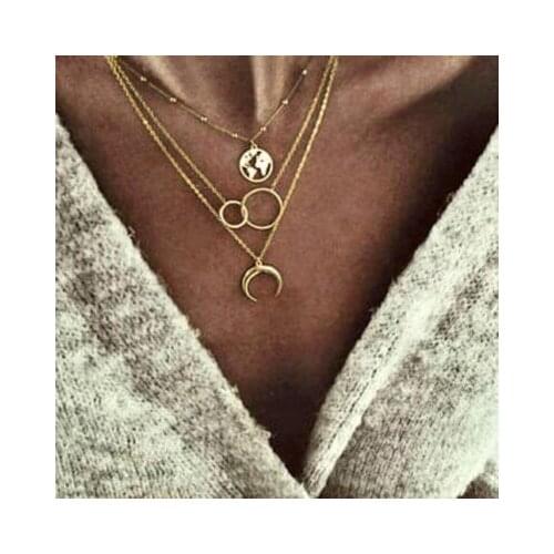 New Fashion Retro Moon World Map Circle Pendant Multilayer Gold Color Necklace Party Charm Jewelry Accessories For Women