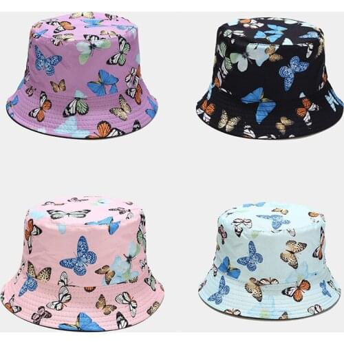Women Outdoor Cotton Foldable Sun Hat Men Butterfly Printing Fisherman Hat Unisex Fashion Double-side Wearing Wild Bucket Hat