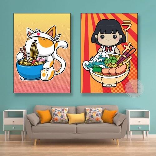 Manga Ramen Cat Prints Anime Food Posters Canvas Wall Art Picture Kitchen Restaurant Cafe Decor Painting Cuadros Para El Hogar