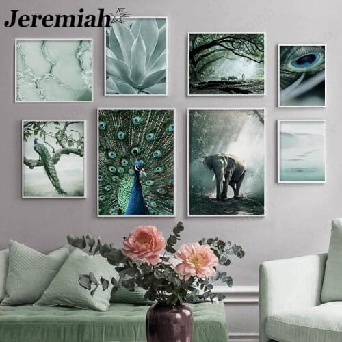 Nature Forest Canvas Poster Green Peacock Elephant Sunshine Painting Scandinavian Wall Art Modern Home Decoration