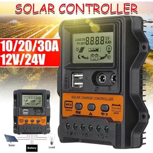 10A 20A 30A 12V 24V Auto Solar Charge Controller PWM Controller LCD Display Dual USB 5V Output Solar Panel Charger Regulator