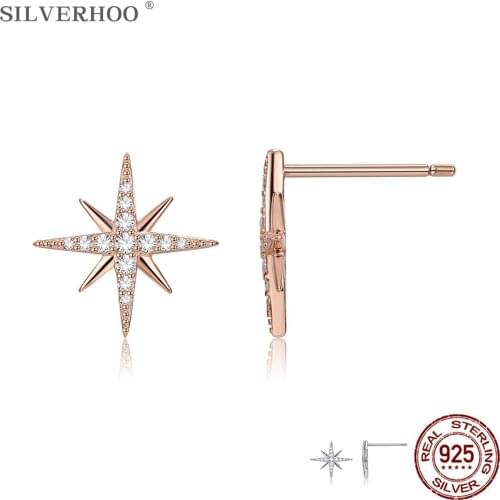 SILVERHOO Genuine 925 Sterling Silver Clear CZ Star Earrings For Women Simple Trendy Rose Gold Color Earring Studs Fine Jewelry